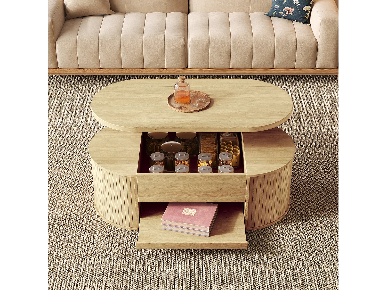 Table basse relevable - 110 x 55.5 x 40 cm - avec étagère extensible + plateau relevable - MDF - naturel