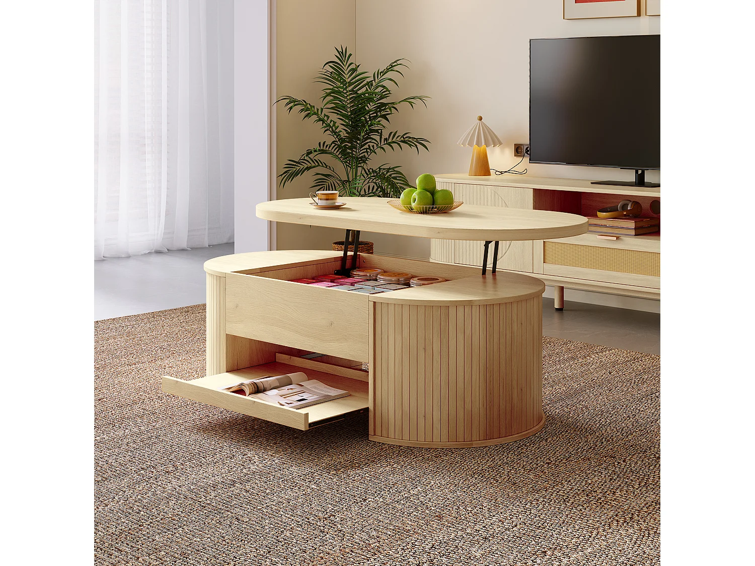 Table basse relevable - 110 x 55.5 x 40 cm - avec étagère extensible + plateau relevable - MDF - naturel