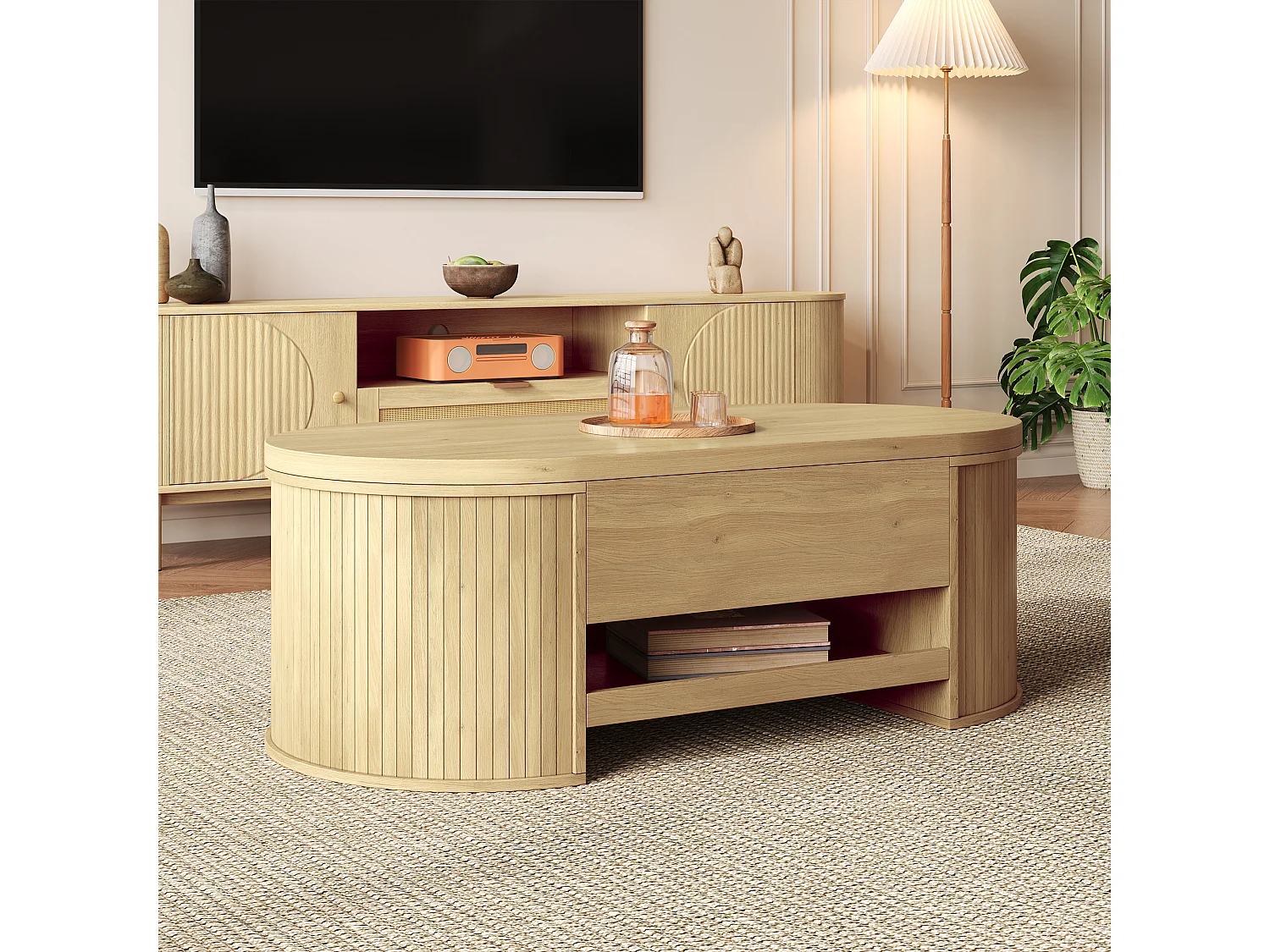 Table basse relevable - 110 x 55.5 x 40 cm - avec étagère extensible + plateau relevable - MDF - naturel