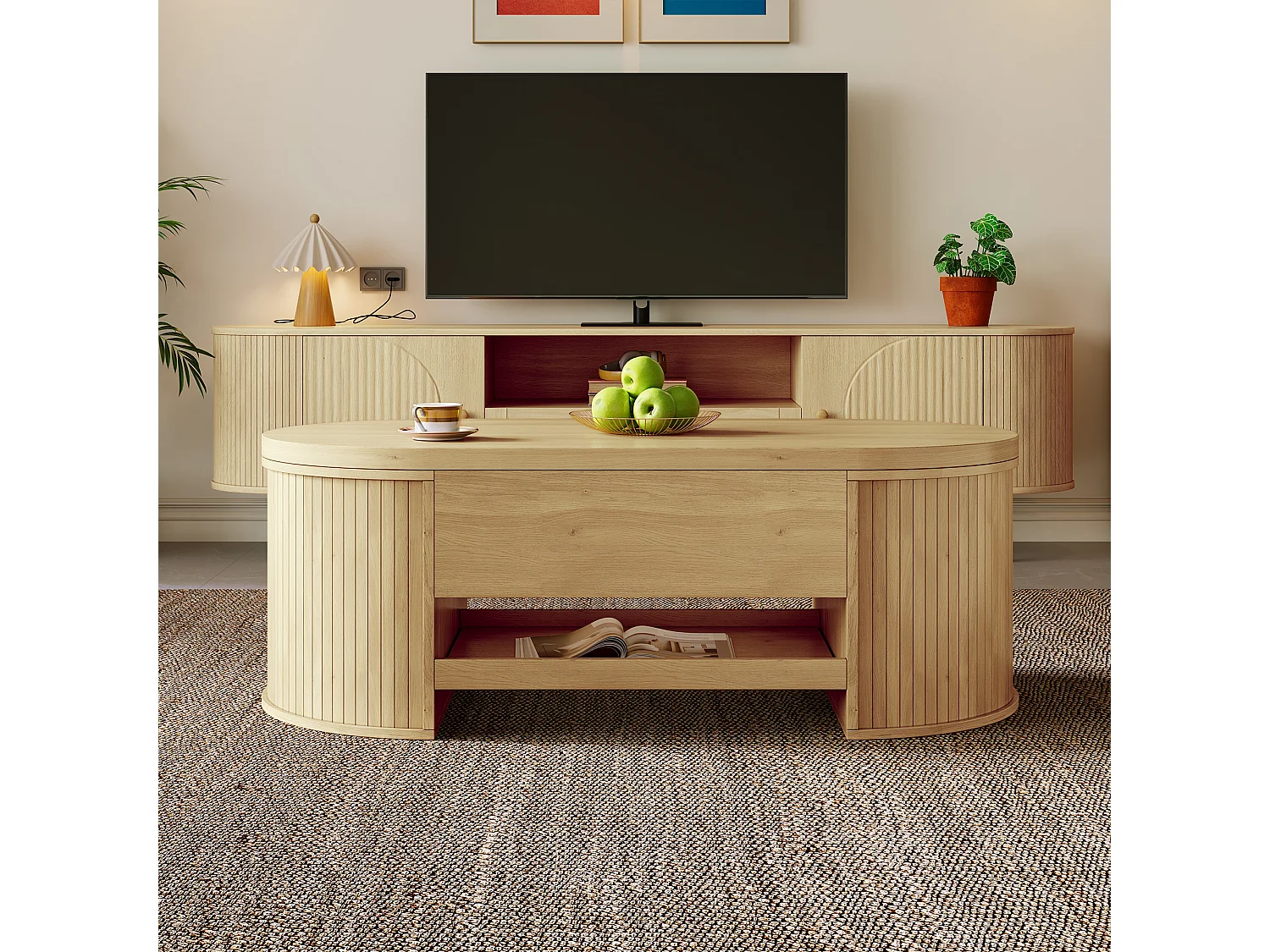 Table basse relevable - 110 x 55.5 x 40 cm - avec étagère extensible + plateau relevable - MDF - naturel