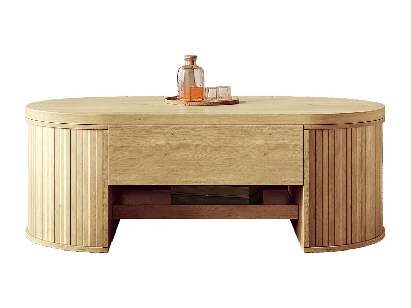 Table basse relevable - 110 x 55.5 x 40 cm - avec étagère extensible + plateau relevable - MDF - naturel