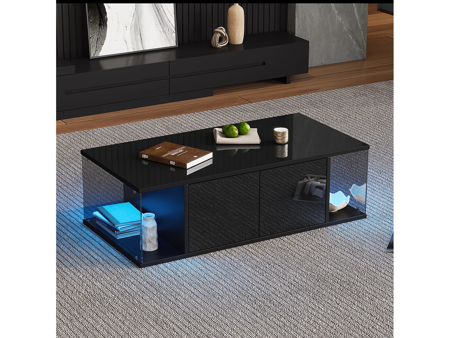 Table basse de salon - 100 x 50 x 30cm - avec Leds + 2 portes - verre trempé + aggloméré - noir