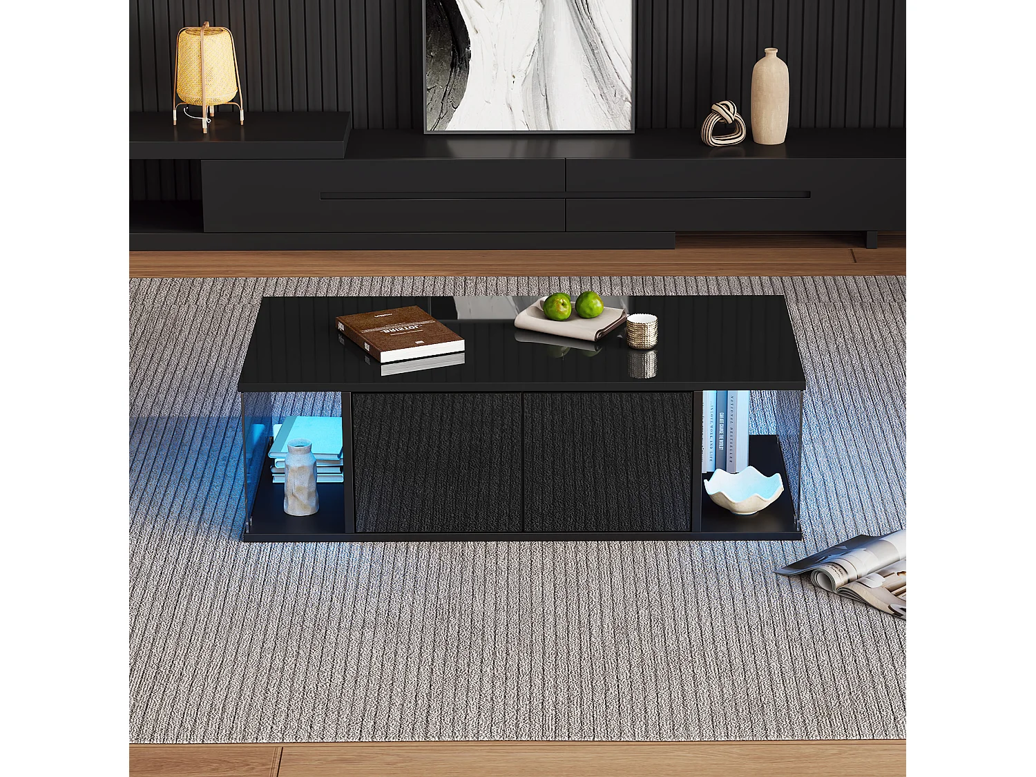 Table basse de salon - 100 x 50 x 30cm - avec Leds + 2 portes - verre trempé + aggloméré - noir