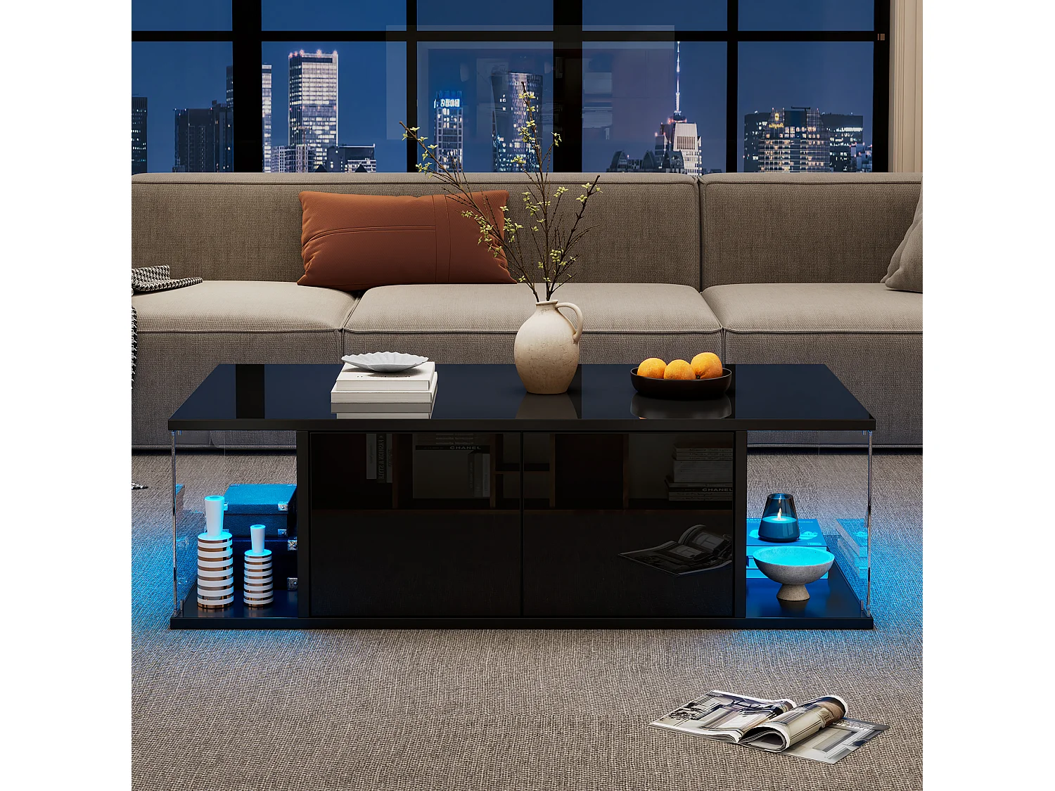 Table basse de salon - 100 x 50 x 30cm - avec Leds + 2 portes - verre trempé + aggloméré - noir