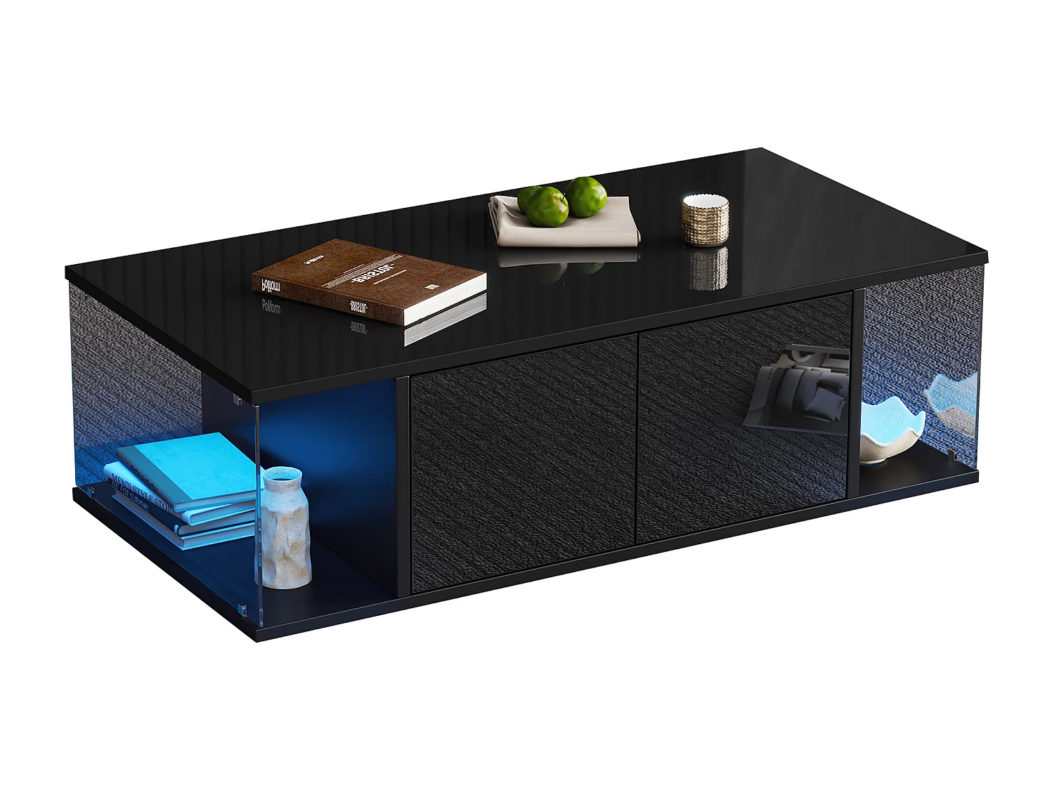 Table basse de salon - 100 x 50 x 30cm - avec Leds + 2 portes - verre trempé + aggloméré - noir