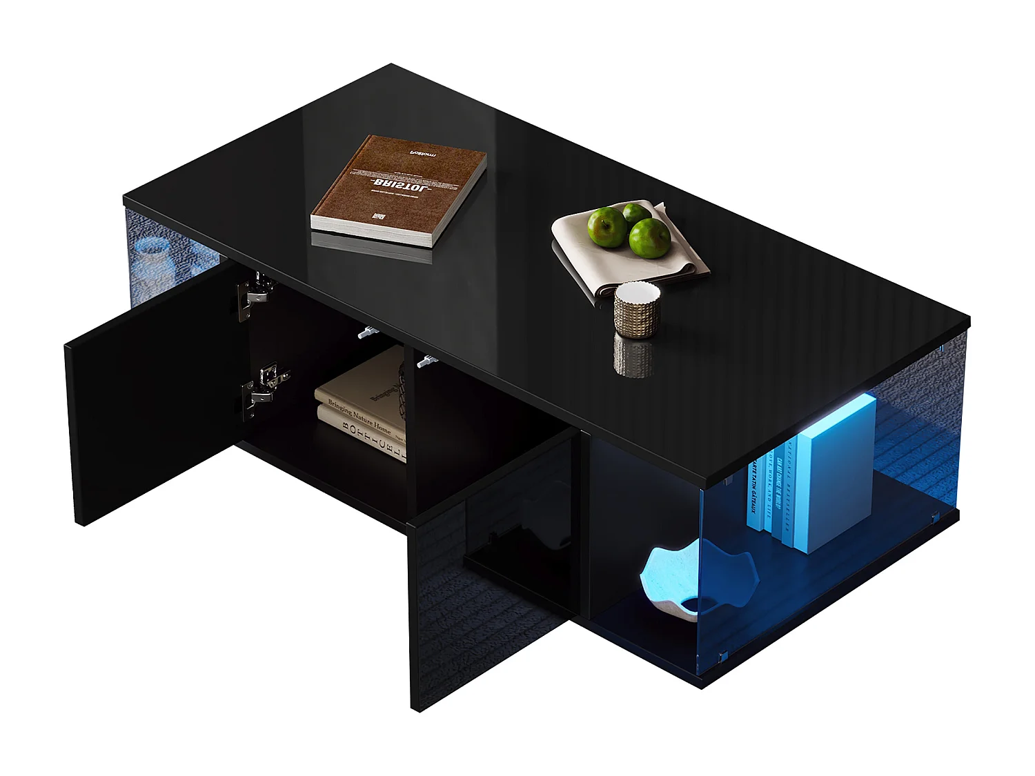 Table basse de salon - 100 x 50 x 30cm - avec Leds + 2 portes - verre trempé + aggloméré - noir