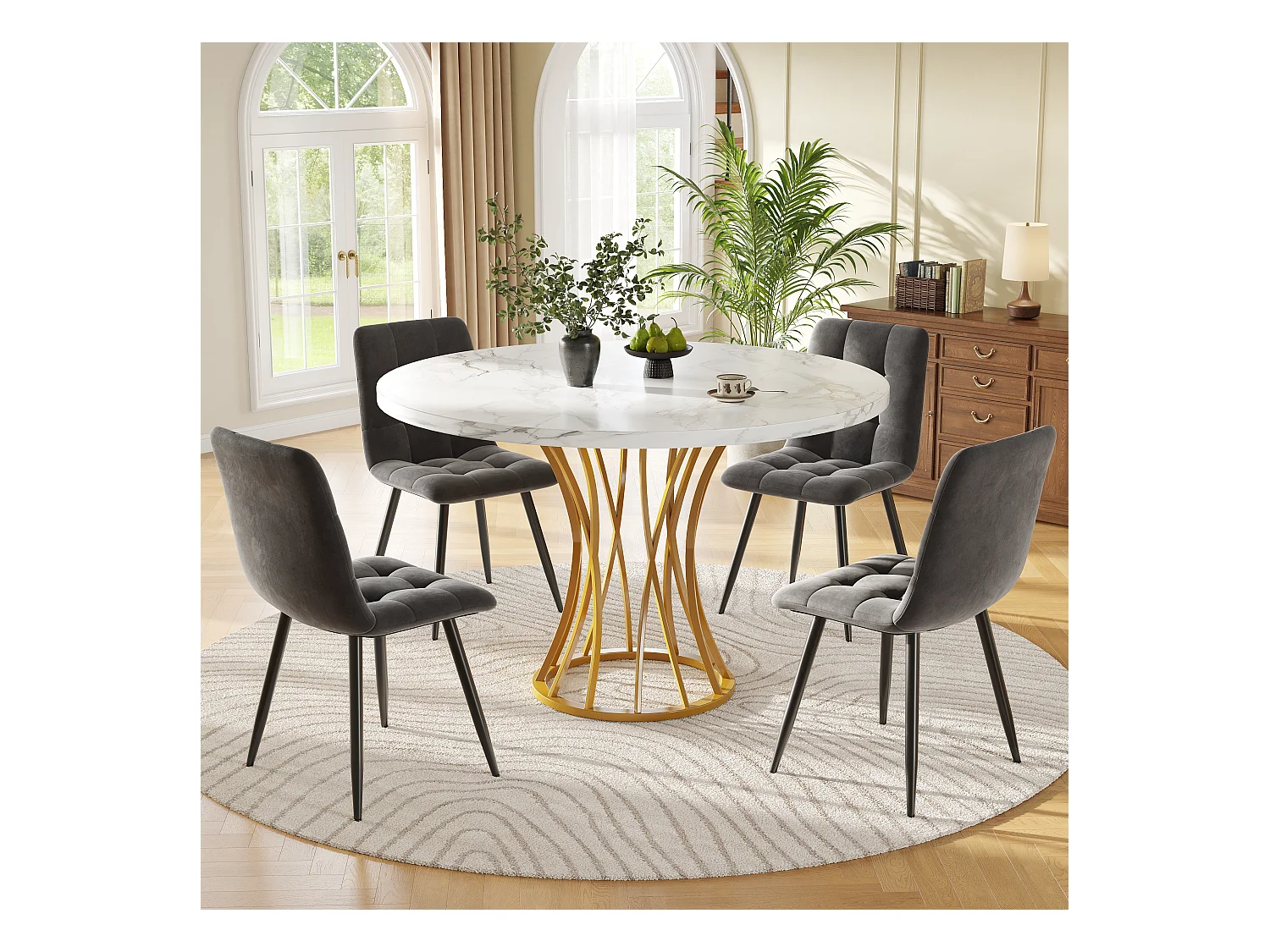 Lot de 5 table à manger avec 4 chaises - 80 x 80 x 76 cm - table pieds en métal doré - MDF + Métal - gris