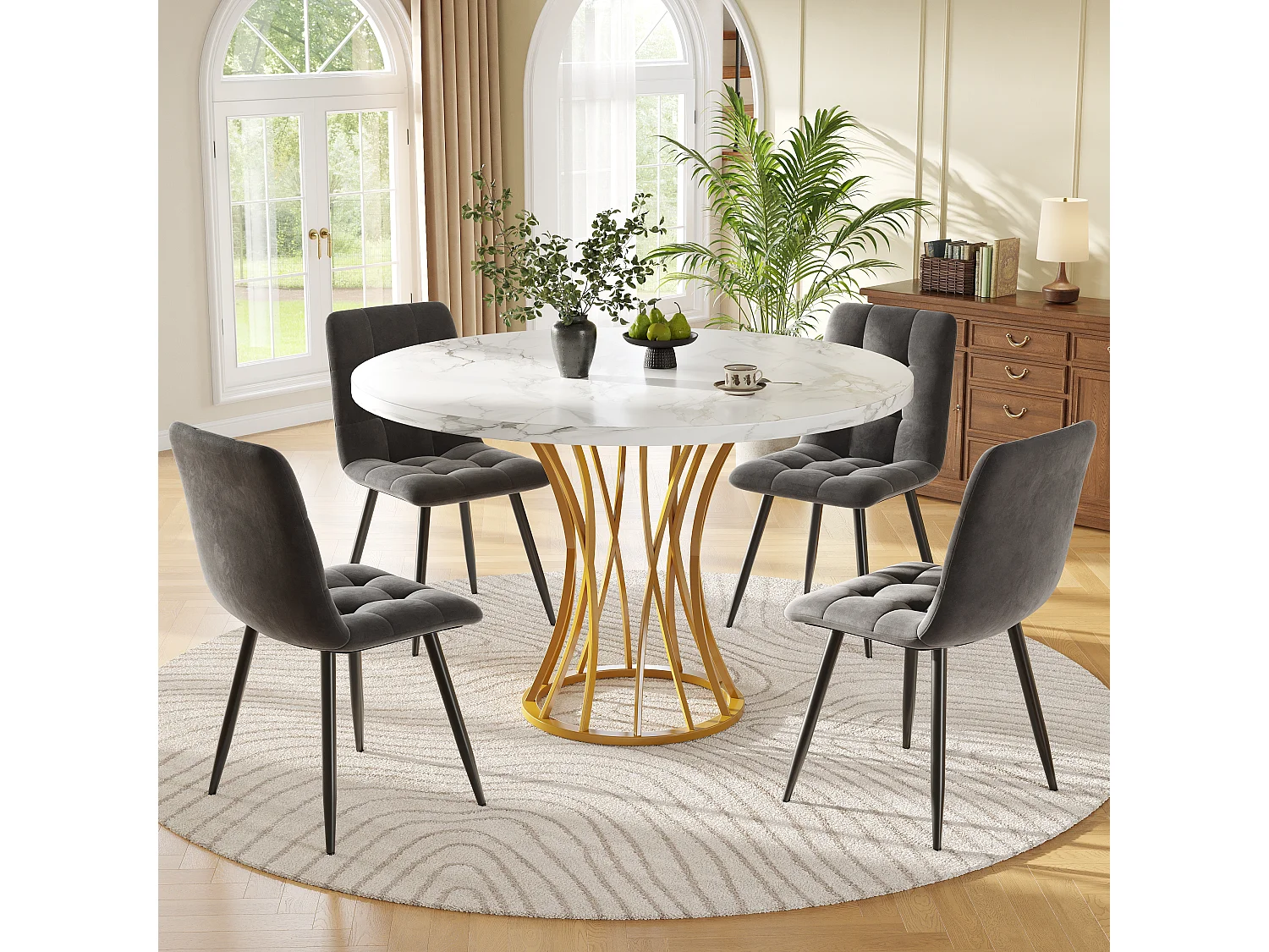 Lot de 5 table à manger avec 4 chaises - 80 x 80 x 76 cm - table pieds en métal doré - MDF + Métal - gris