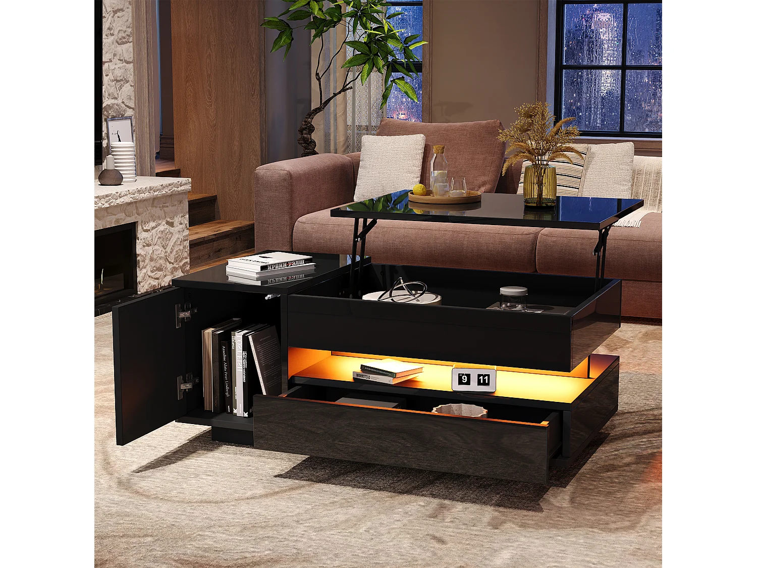 Opklapbare salontafel - 95 x 50 x 34,5 cm - met 1 lade + 1 deur + LED's - spaanplaat - zwart