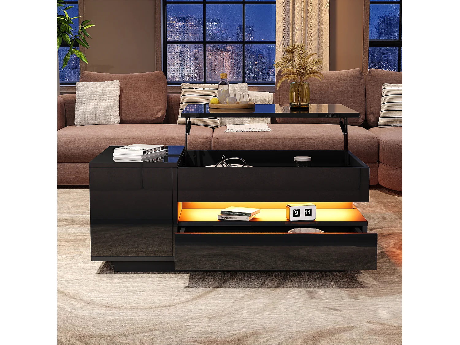 Opklapbare salontafel - 95 x 50 x 34,5 cm - met 1 lade + 1 deur + LED's - spaanplaat - zwart