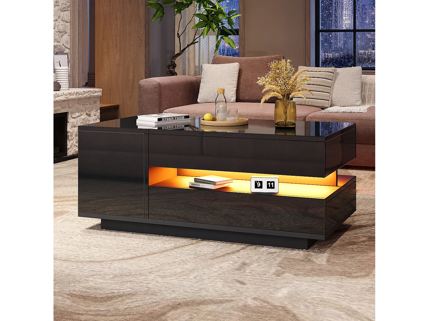 Opklapbare salontafel - 95 x 50 x 34,5 cm - met 1 lade + 1 deur + LED's - spaanplaat - zwart