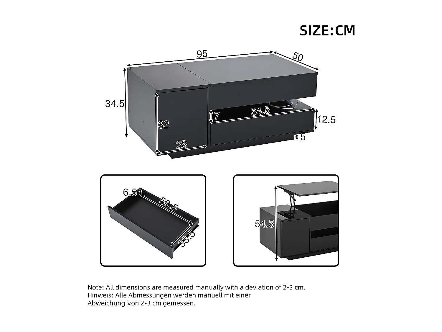 Opklapbare salontafel - 95 x 50 x 34,5 cm - met 1 lade + 1 deur + LED's - spaanplaat - zwart