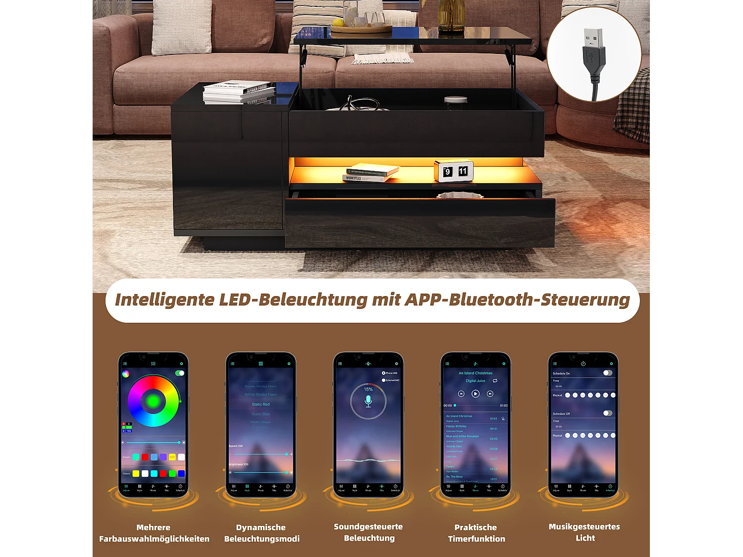 Opklapbare salontafel - 95 x 50 x 34,5 cm - met 1 lade + 1 deur + LED's - spaanplaat - zwart