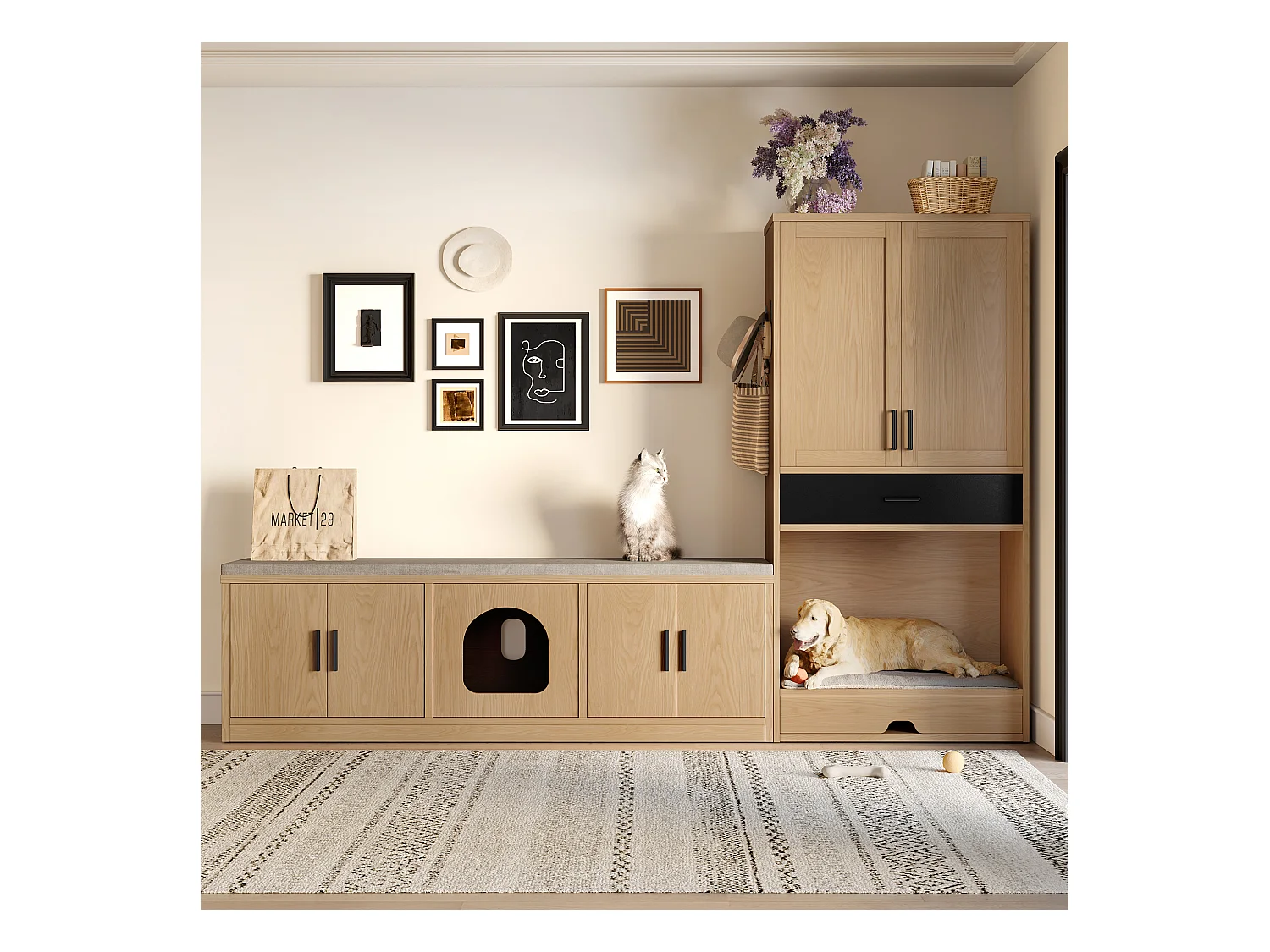 Ensemble de meubles pour animaux de compagnie 2 en 1 – Banc d'armoire et commode haute - aggloméré - naturel