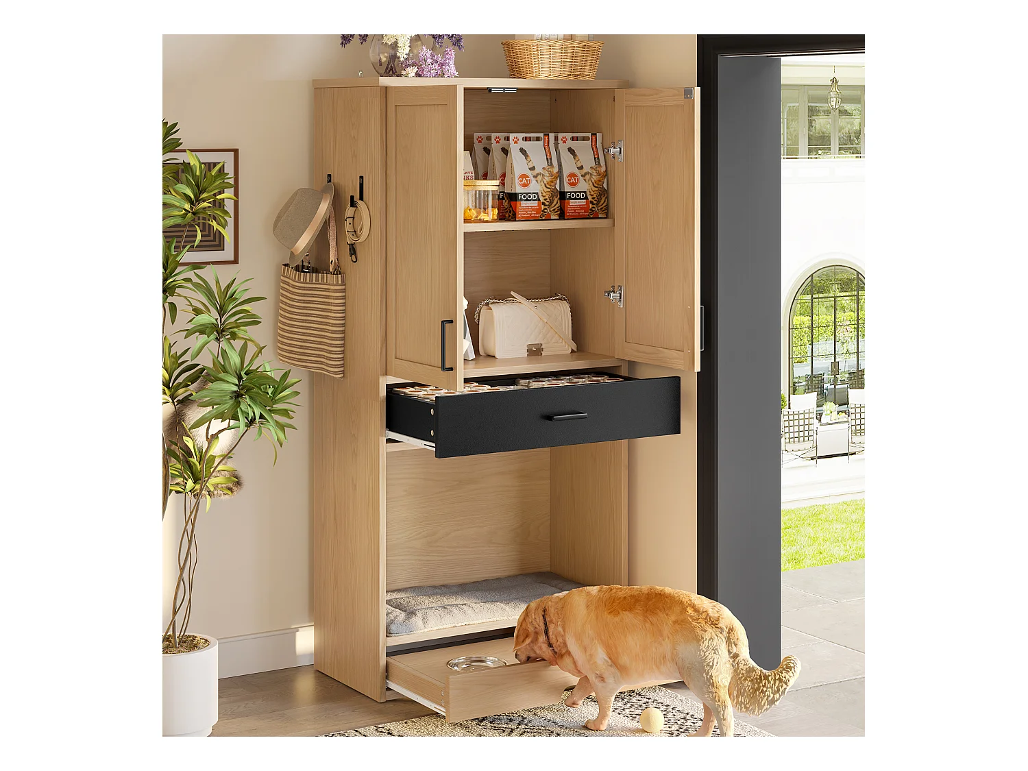 Ensemble de meubles pour animaux de compagnie 2 en 1 – Banc d'armoire et commode haute - aggloméré - naturel