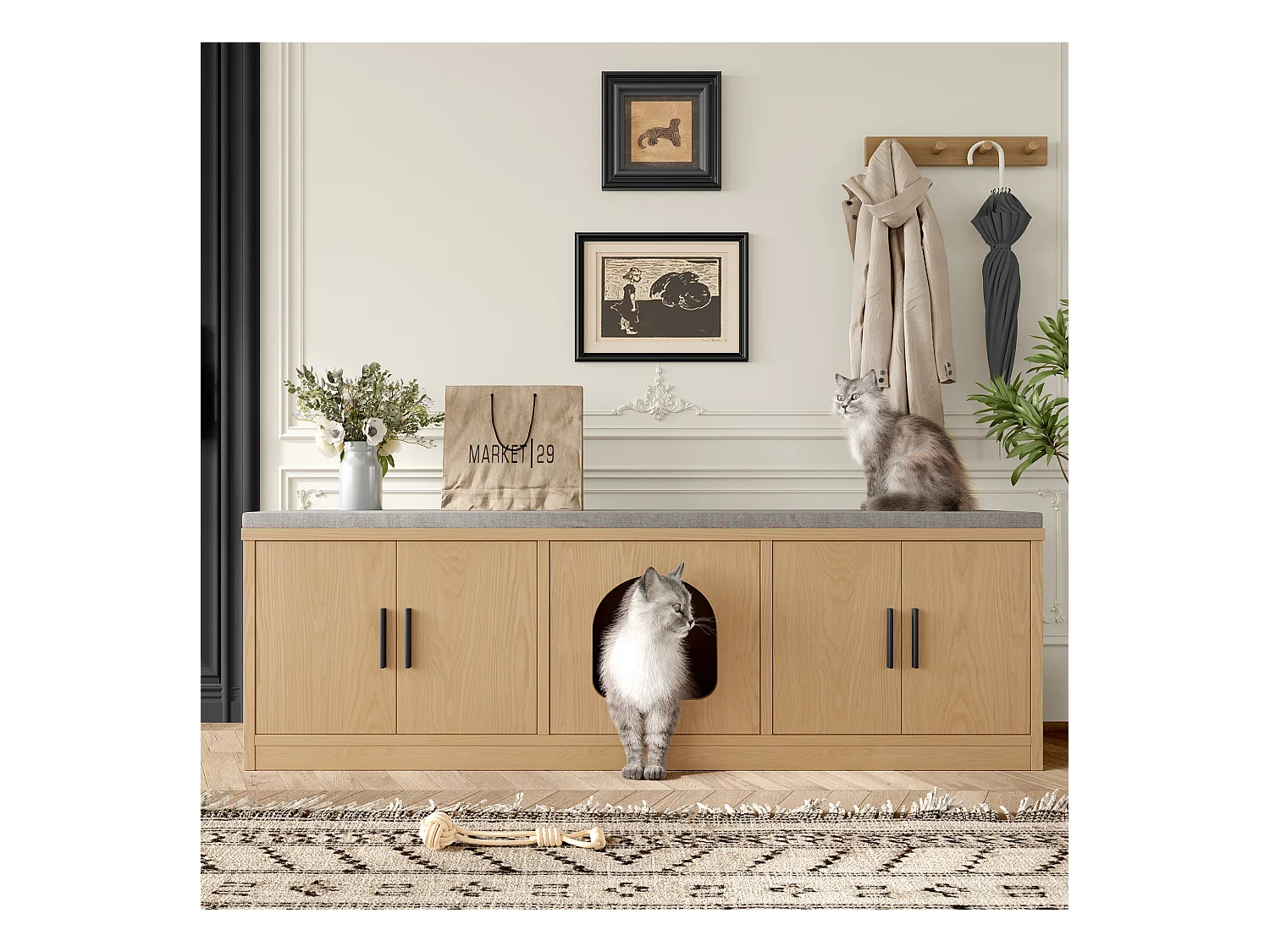 Ensemble de meubles pour animaux de compagnie 2 en 1 – Banc d'armoire et commode haute - aggloméré - naturel