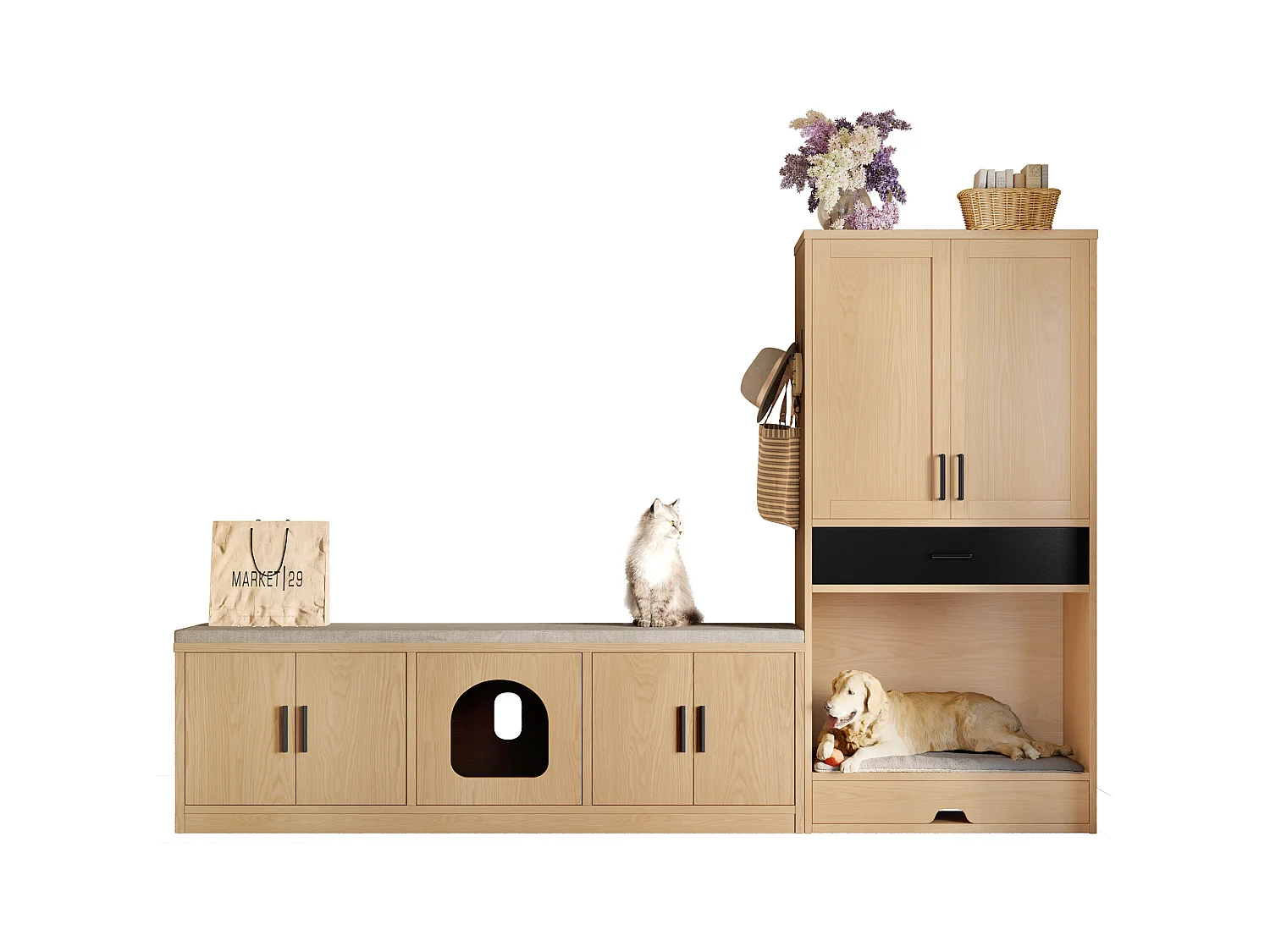 Ensemble de meubles pour animaux de compagnie 2 en 1 – Banc d'armoire et commode haute - aggloméré - naturel