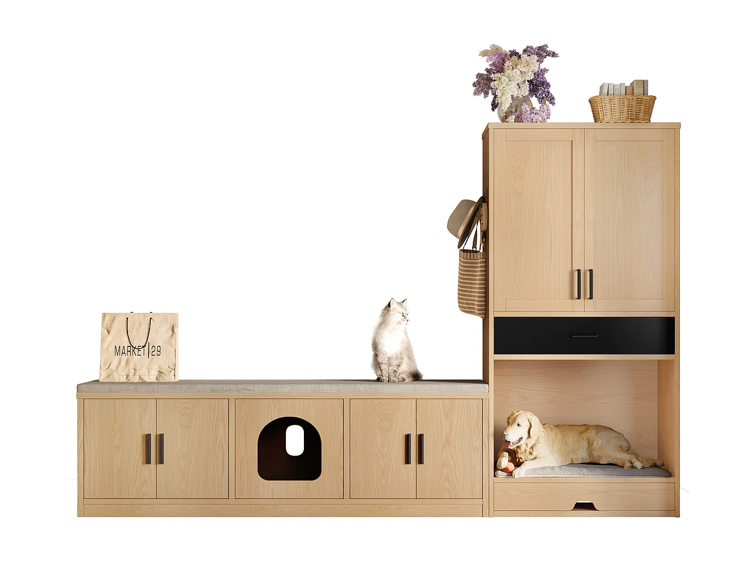 Conjunto de muebles para mascotas 2 en 1: banco y cómoda alta de aglomerado - Natural