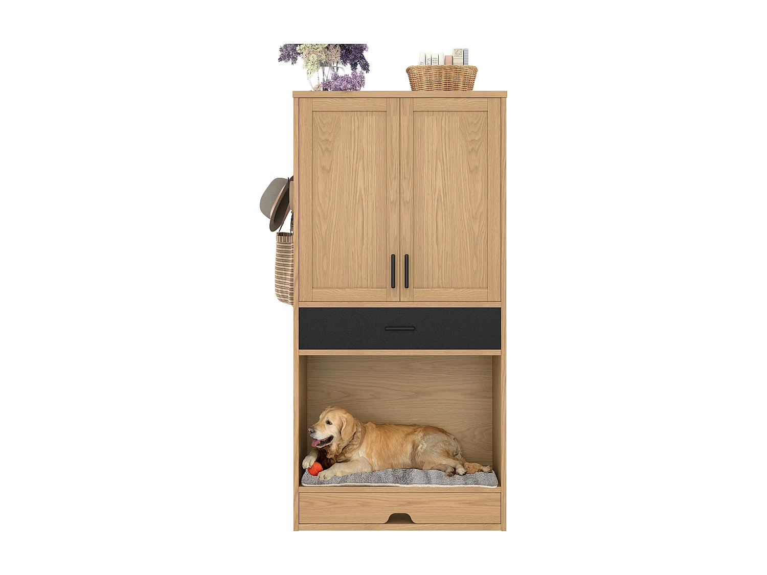 Conjunto de muebles para mascotas 2 en 1: banco y cómoda alta de aglomerado - Natural