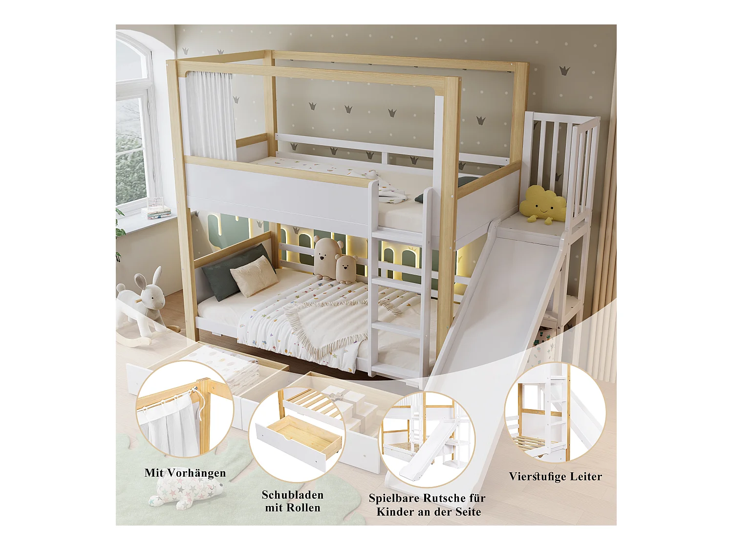 Lit superposés enfant - 2 x 90 x 200 cm - avec 2 tiroirs + toboggan + rideau en tissu - pin + MDF - blanc