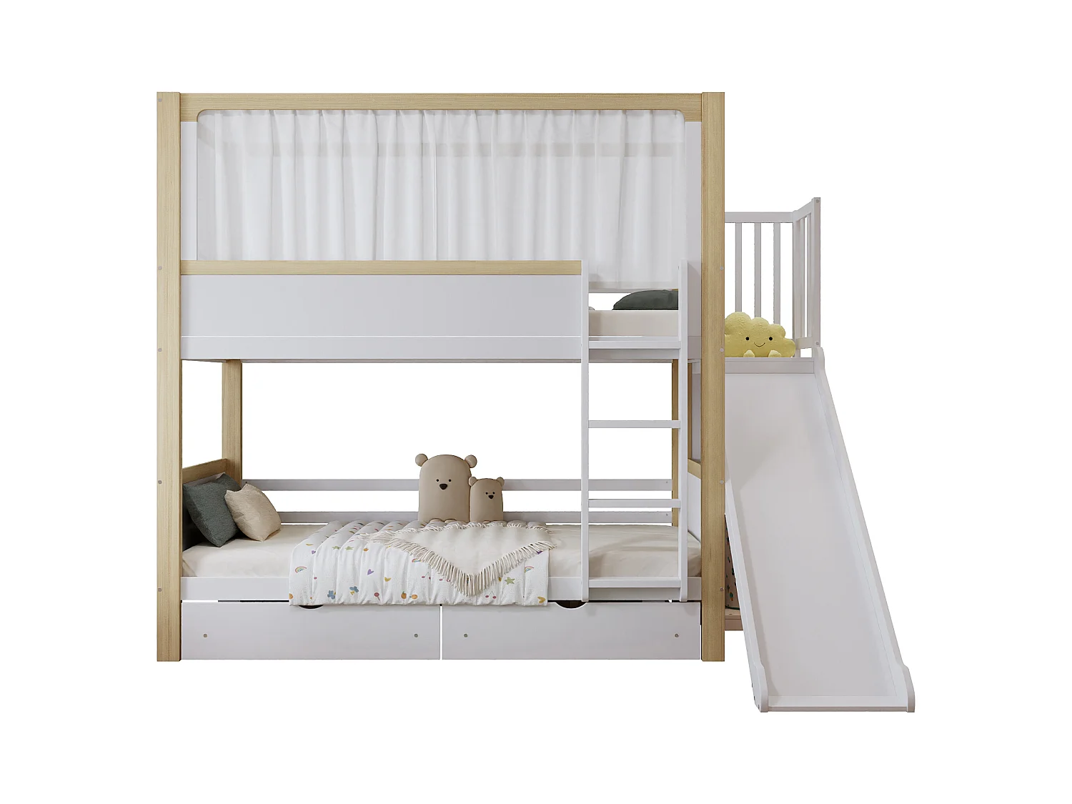 Lit superposés enfant - 2 x 90 x 200 cm - avec 2 tiroirs + toboggan + rideau en tissu - pin + MDF - blanc