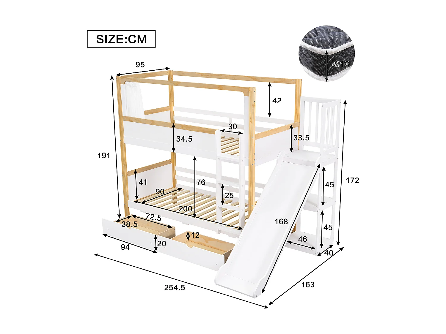 Lit superposés enfant - 2 x 90 x 200 cm - avec 2 tiroirs + toboggan + rideau en tissu - pin + MDF - blanc