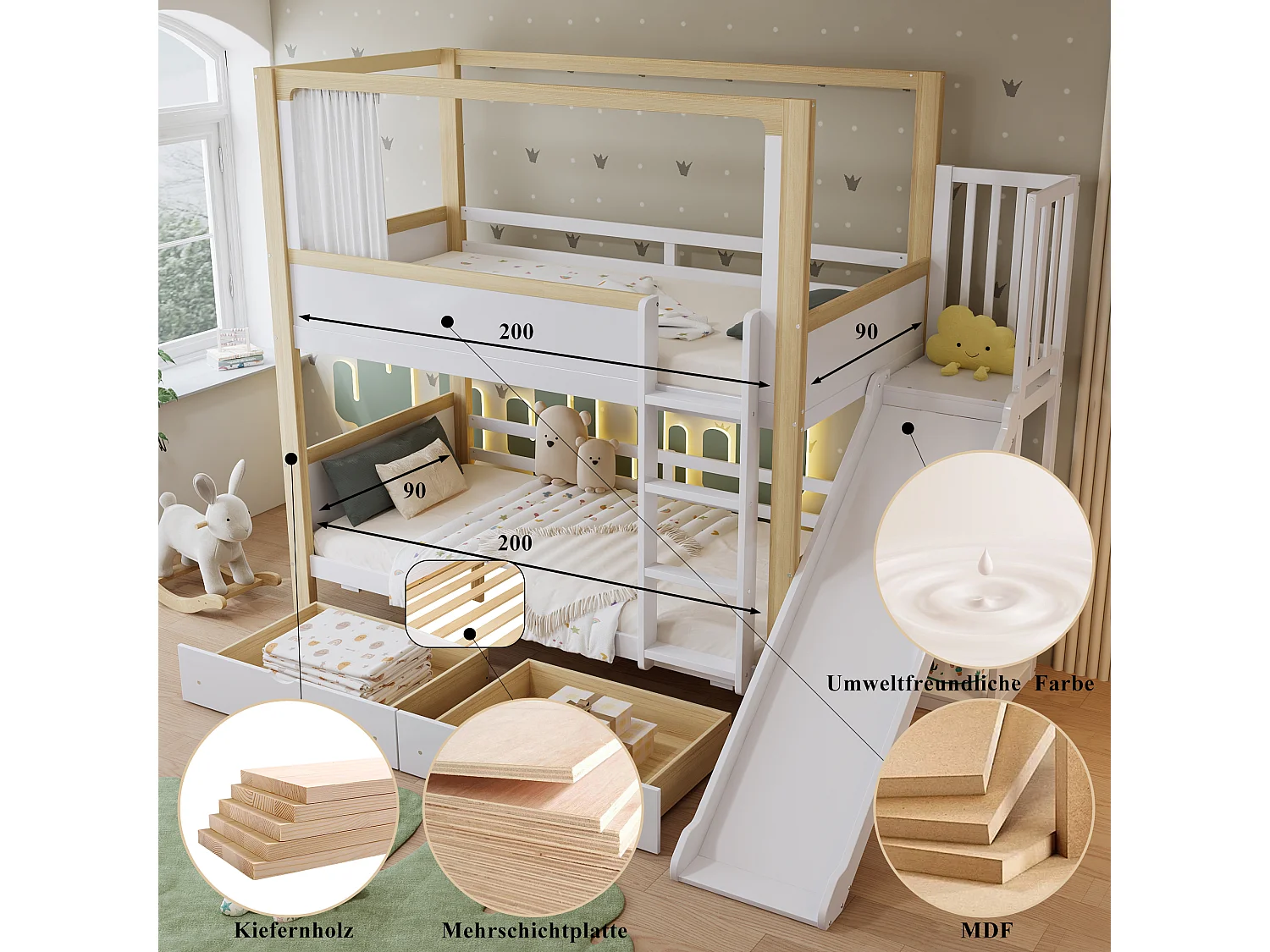 Lit superposés enfant - 2 x 90 x 200 cm - avec 2 tiroirs + toboggan + rideau en tissu - pin + MDF - blanc