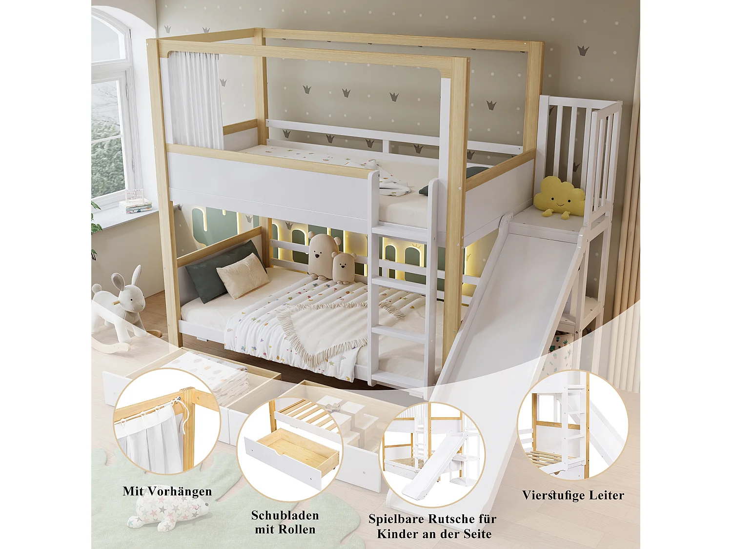 Lit superposés enfant - 2 x 90 x 200 cm - avec 2 tiroirs + toboggan + rideau en tissu - pin + MDF - blanc