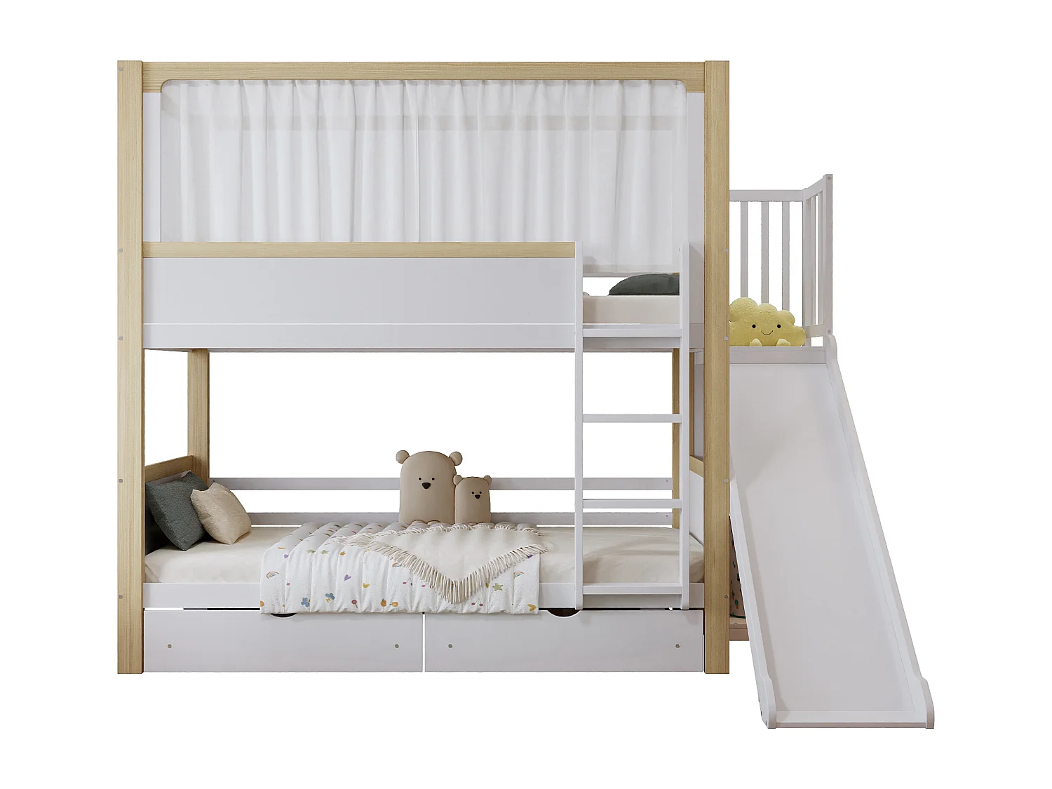 Lit superposés enfant - 2 x 90 x 200 cm - avec 2 tiroirs + toboggan + rideau en tissu - pin + MDF - blanc