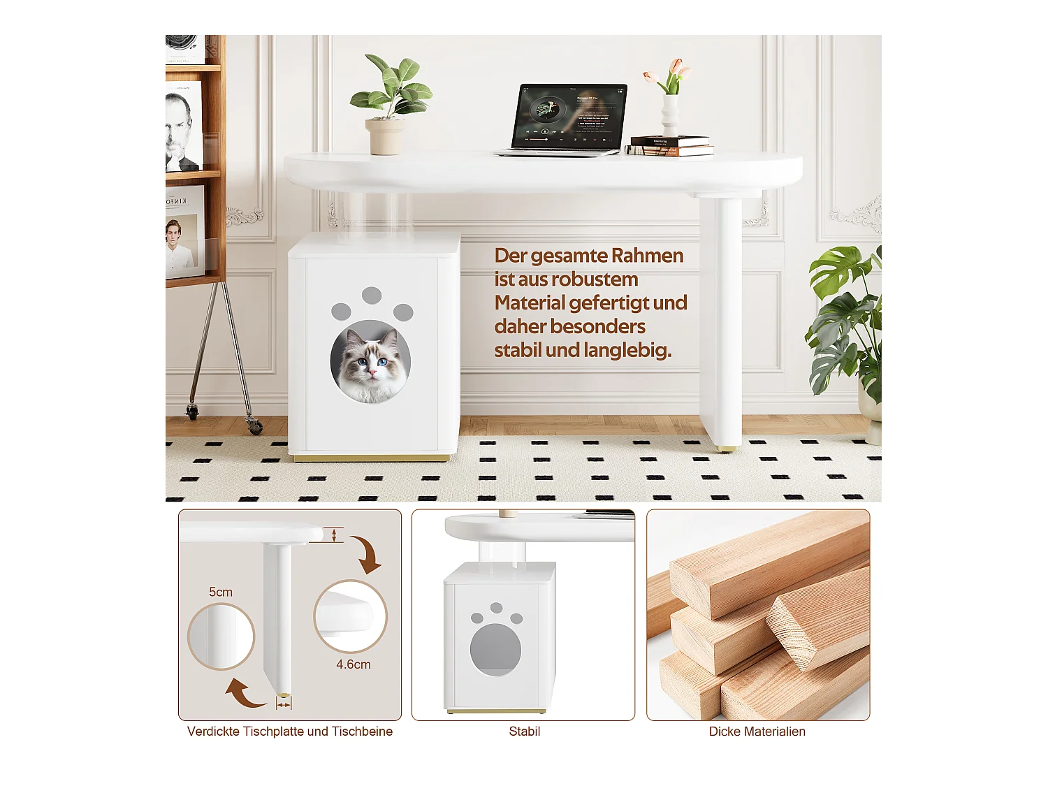 Bureau avec panier pour animaux - 117 x 50 x 76 cm - stable et moderne - style français - MDF - blanc