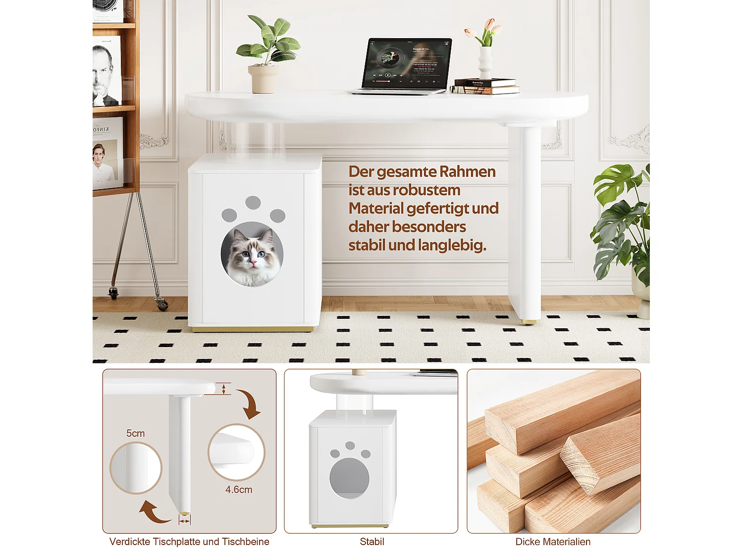 Bureau avec panier pour animaux - 117 x 50 x 76 cm - stable et moderne - style français - MDF - blanc