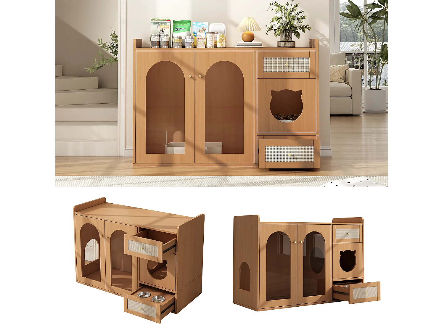 Aparador 5 en 1 - 120 x 45 x 83 cm - con 2 cajones + 2 puertas - MDF - natural