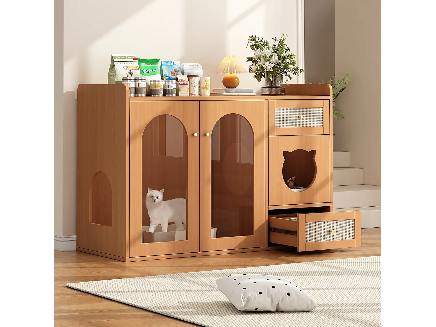 Aparador 5 en 1 - 120 x 45 x 83 cm - con 2 cajones + 2 puertas - MDF - natural