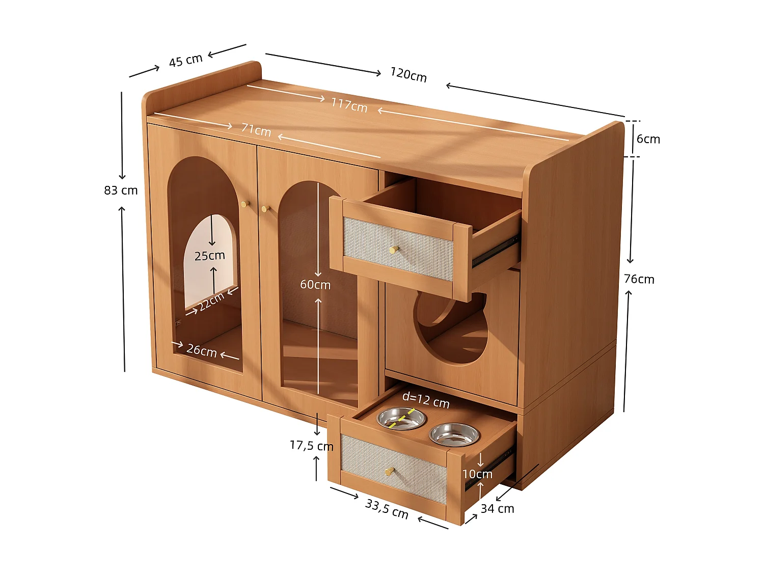 Aparador 5 en 1 - 120 x 45 x 83 cm - con 2 cajones + 2 puertas - MDF - natural