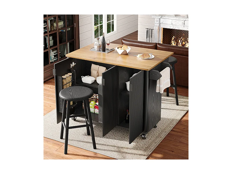 Mittelinsel auf Rädern - 130 x 45/75 x 92 cm - ausziehbarer Wagen + 3 Türen - MDF - Schwarz