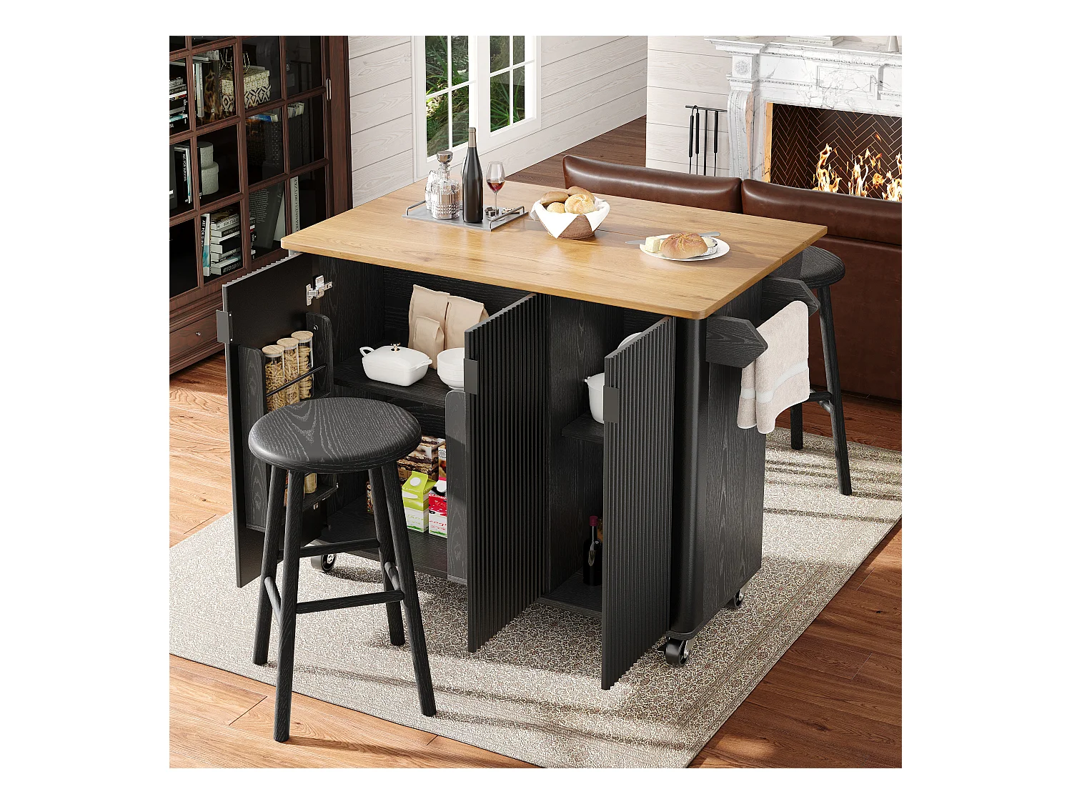 Îlot central à roulettes - 130 x 45/75 x 92 cm - desserte extensible + 3 portes - MDF - noir