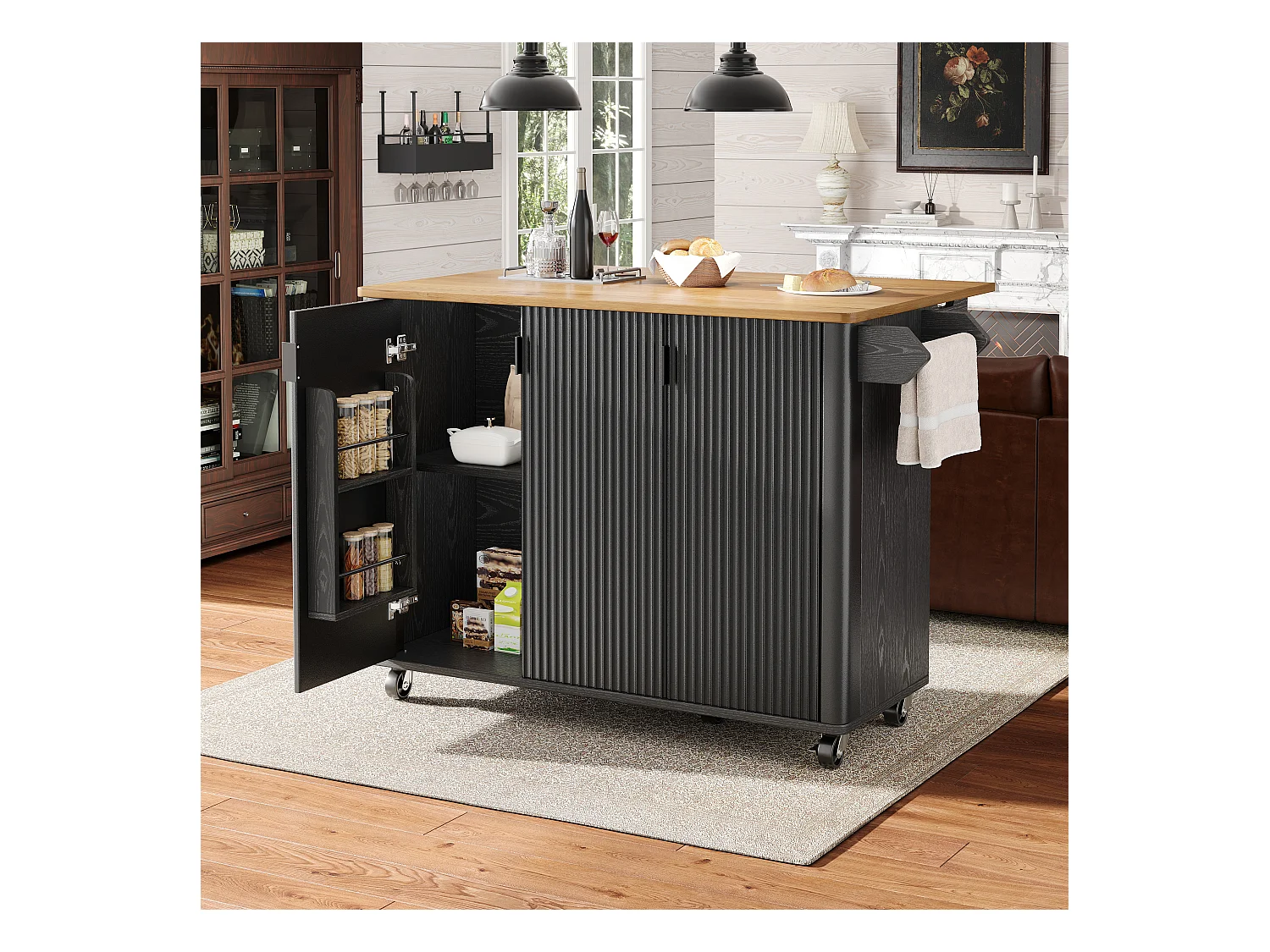 Îlot central à roulettes - 130 x 45/75 x 92 cm - desserte extensible + 3 portes - MDF - noir