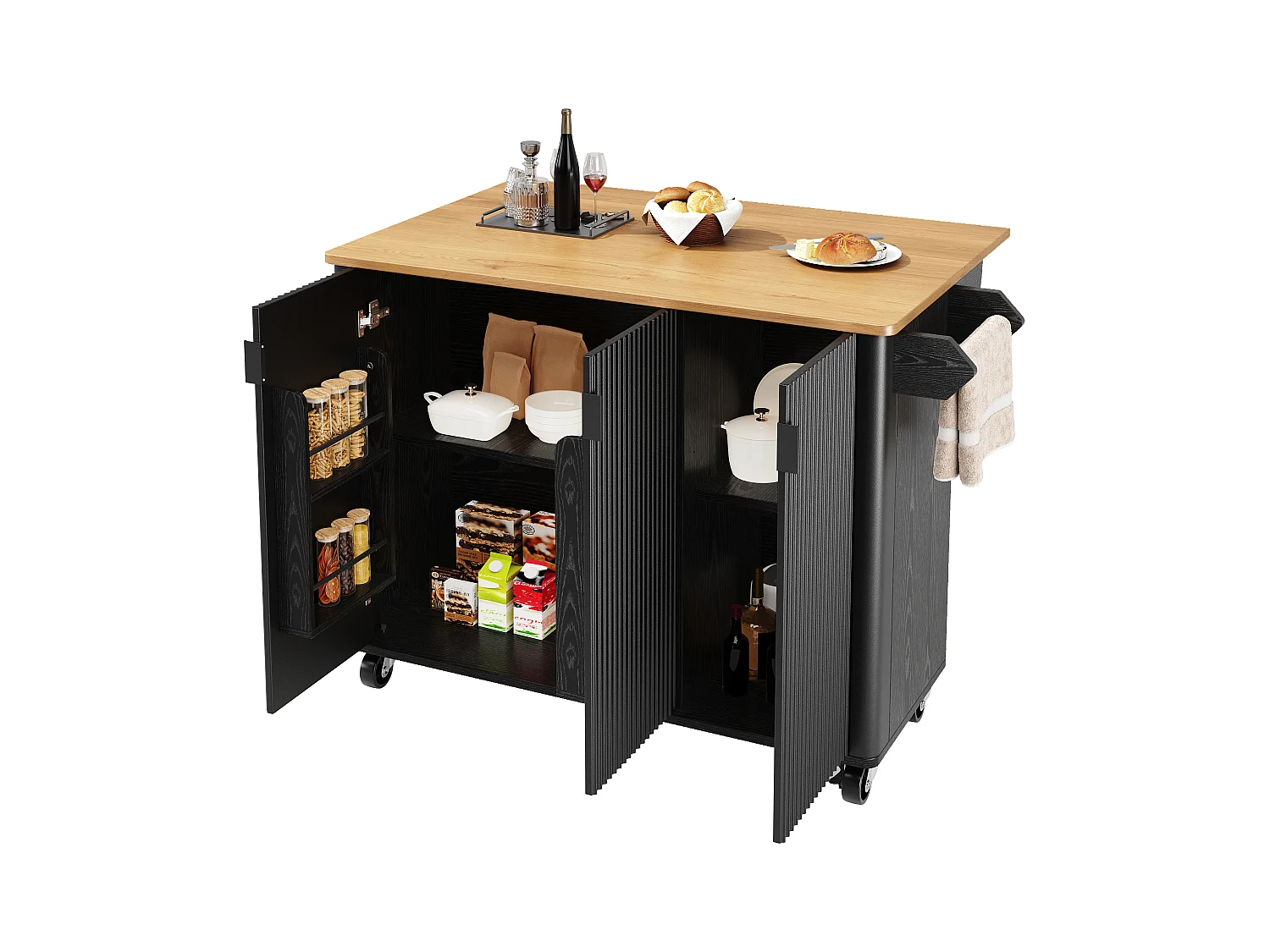 Îlot central à roulettes - 130 x 45/75 x 92 cm - desserte extensible + 3 portes - MDF - noir