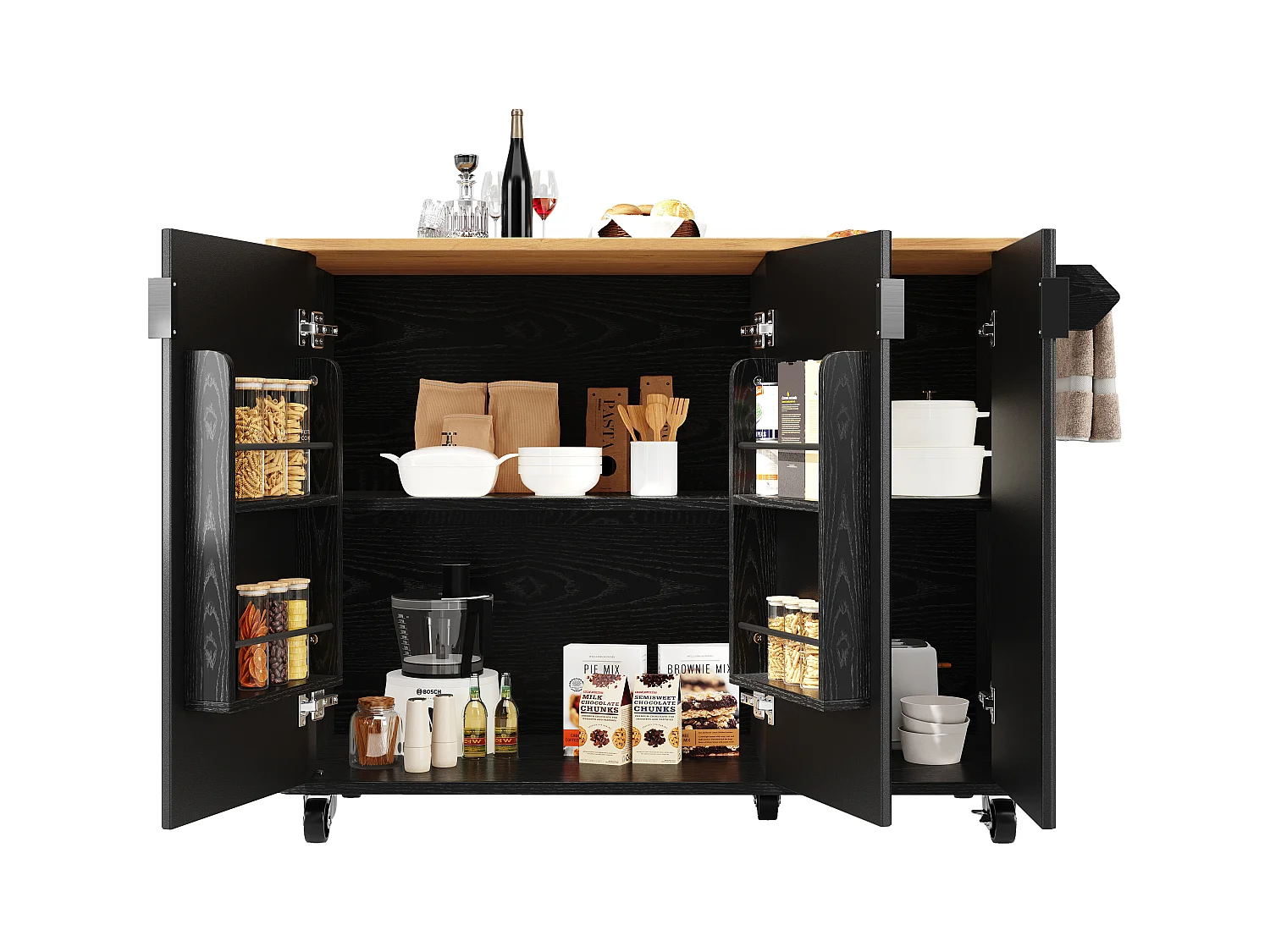 Îlot central à roulettes - 130 x 45/75 x 92 cm - desserte extensible + 3 portes - MDF - noir