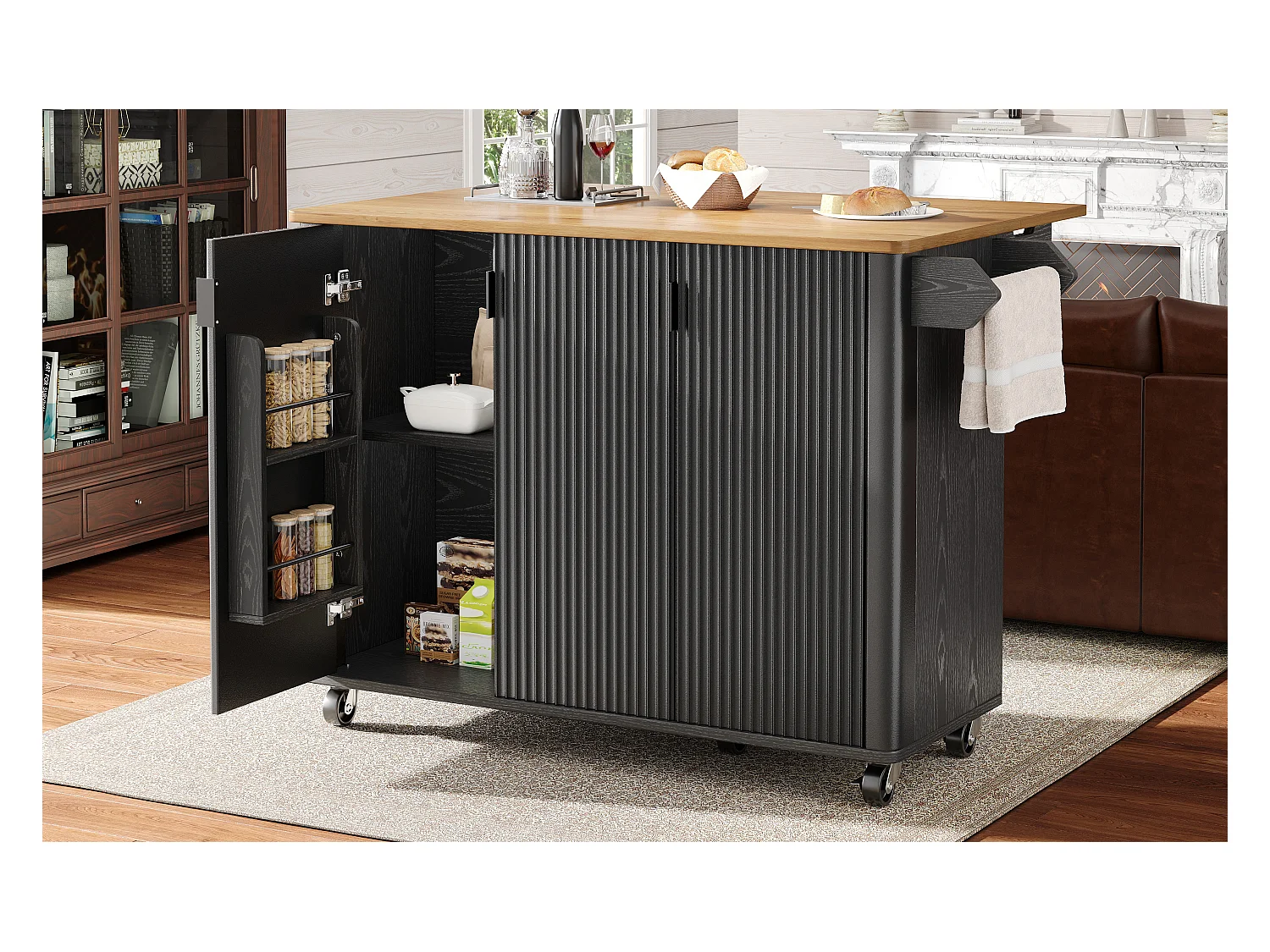 Îlot central à roulettes - 130 x 45/75 x 92 cm - desserte extensible + 3 portes - MDF - noir