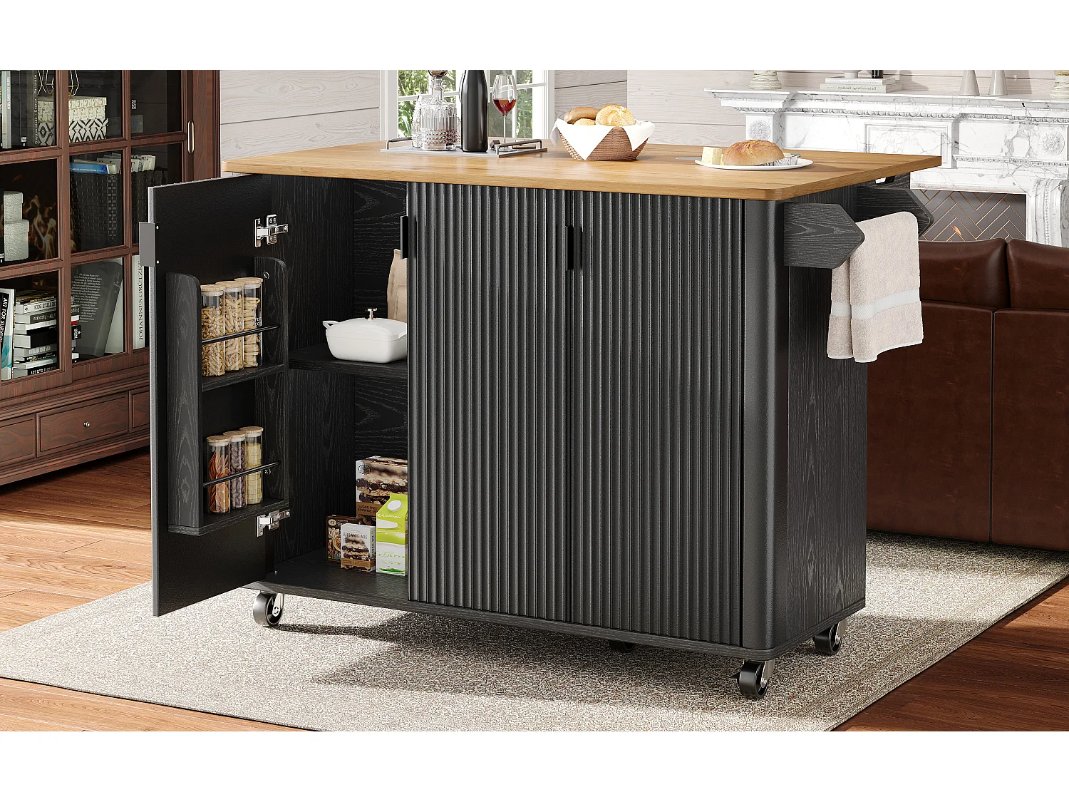 Îlot central à roulettes - 130 x 45/75 x 92 cm - desserte extensible + 3 portes - MDF - noir