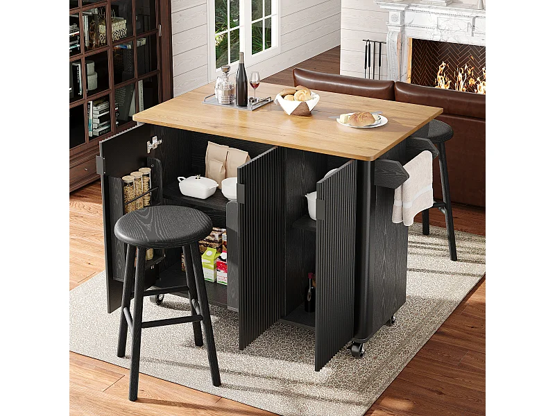 Îlot central à roulettes - 130 x 45/75 x 92 cm - desserte extensible + 3 portes - MDF - noir