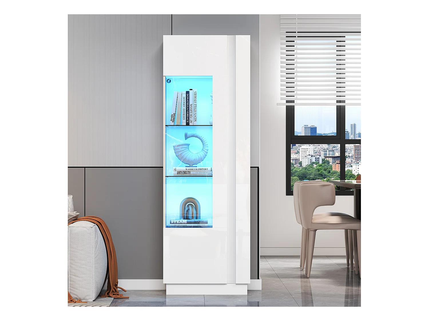 Witryna błyszcząca - 60 x 40 x 180 cm - z diodami LED + 3 półki szklane - płyta wiórowa - biała