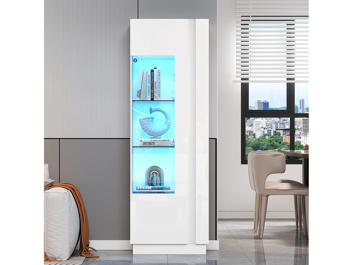 Vetrina lucida - 60 x 40 x 180 cm - con LED + 3 ripiani in vetro - truciolare - bianco