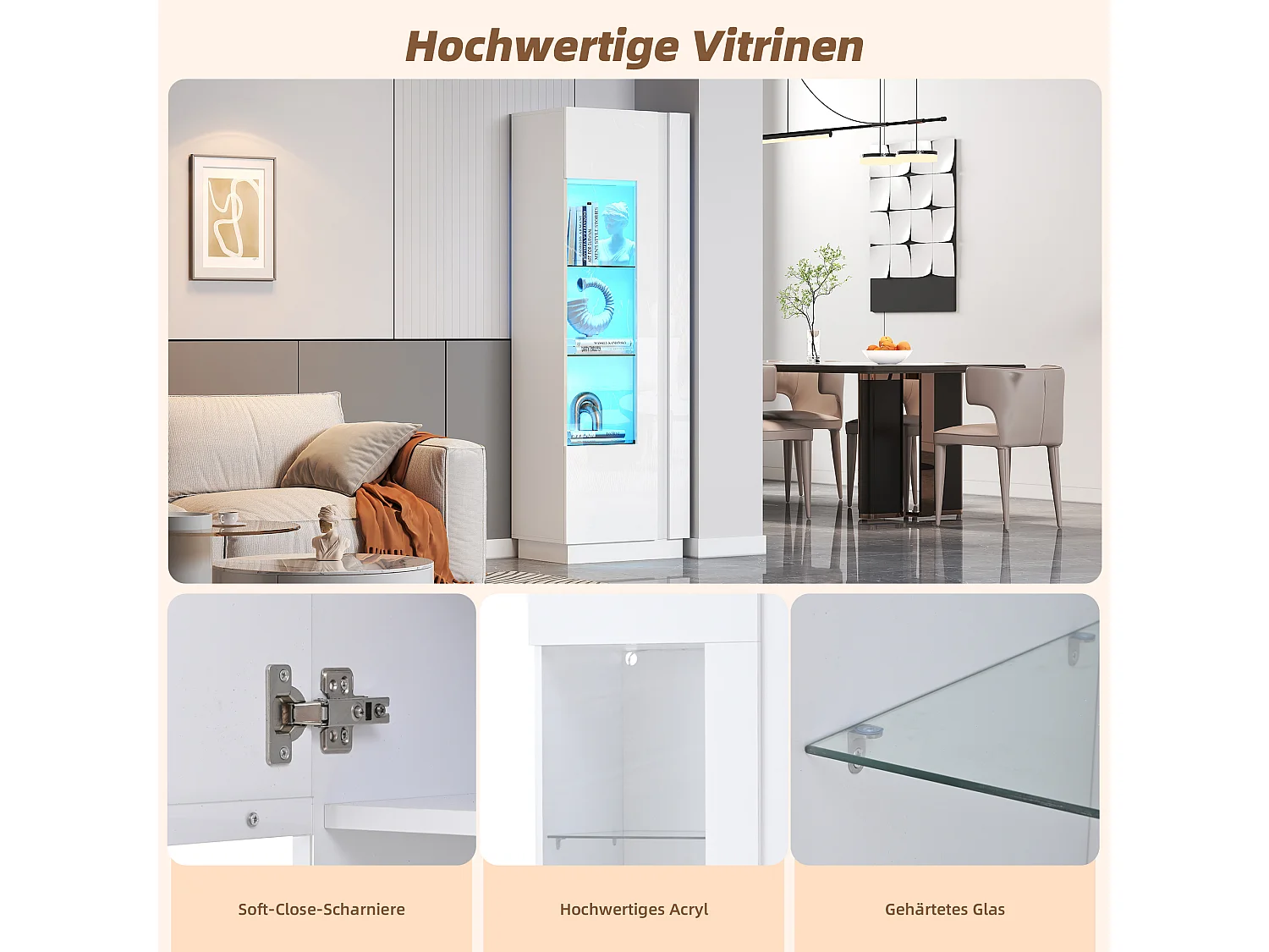 Vetrina lucida - 60 x 40 x 180 cm - con LED + 3 ripiani in vetro - truciolare - bianco