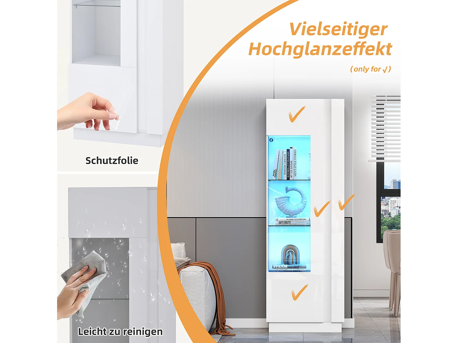 Vetrina lucida - 60 x 40 x 180 cm - con LED + 3 ripiani in vetro - truciolare - bianco