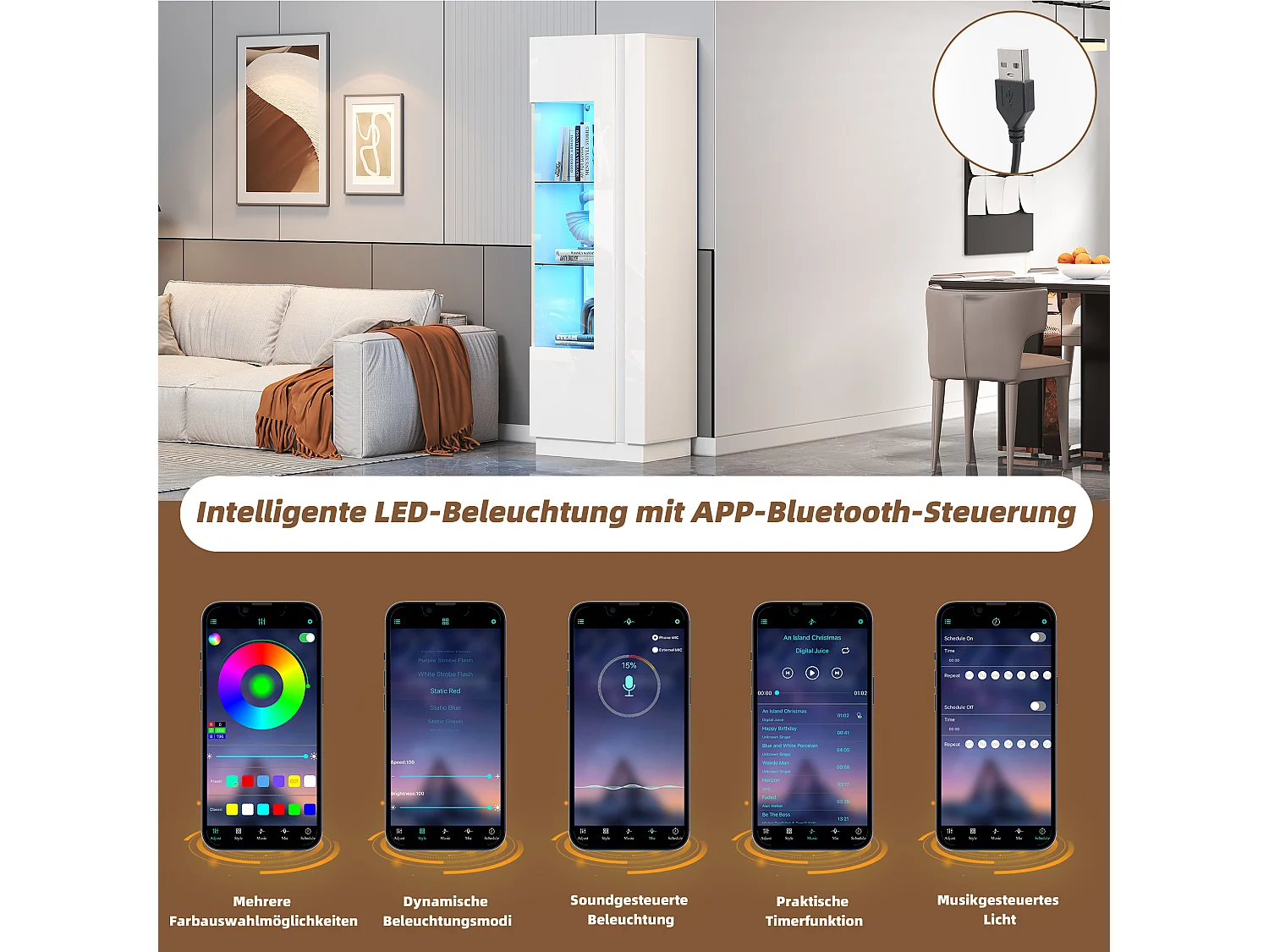 Vetrina lucida - 60 x 40 x 180 cm - con LED + 3 ripiani in vetro - truciolare - bianco