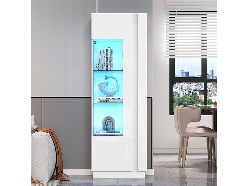 Vetrina lucida - 60 x 40 x 180 cm - con LED + 3 ripiani in vetro - truciolare - bianco