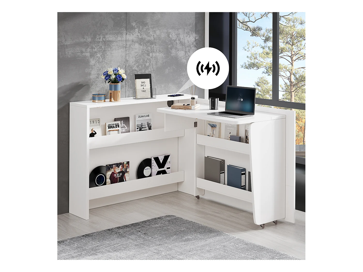 Bureau pliable avec chargeur sans fil - 115 x 51 x 93 cm - buffet et bureau 2 en 1 - aggloméré - blanc