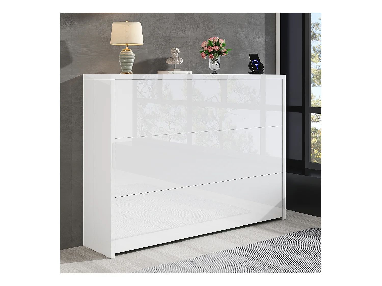 Bureau pliable avec chargeur sans fil - 115 x 51 x 93 cm - buffet et bureau 2 en 1 - aggloméré - blanc